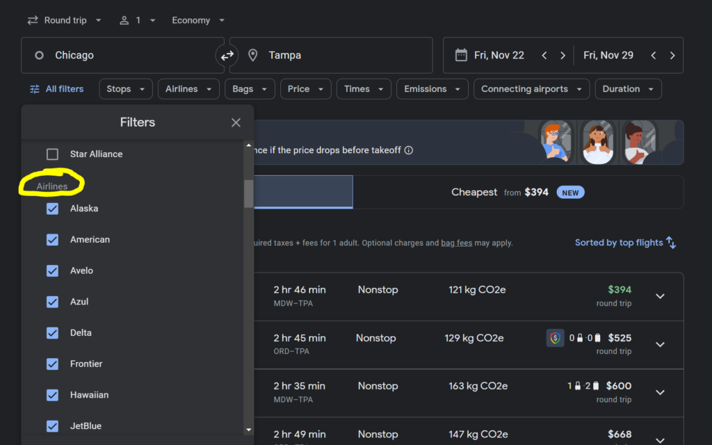 google flights airlines filter screenshot