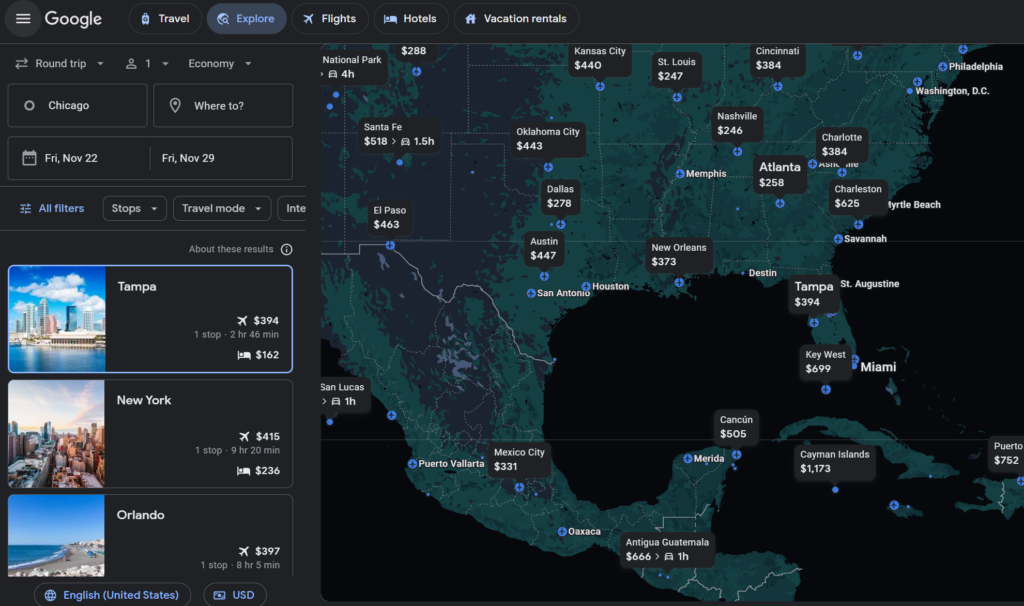 google flights explore feature