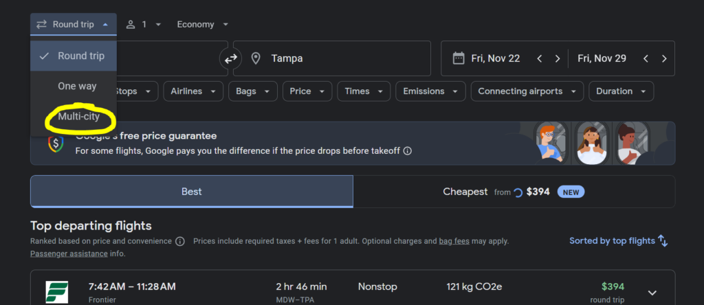 google flights multi-city tool