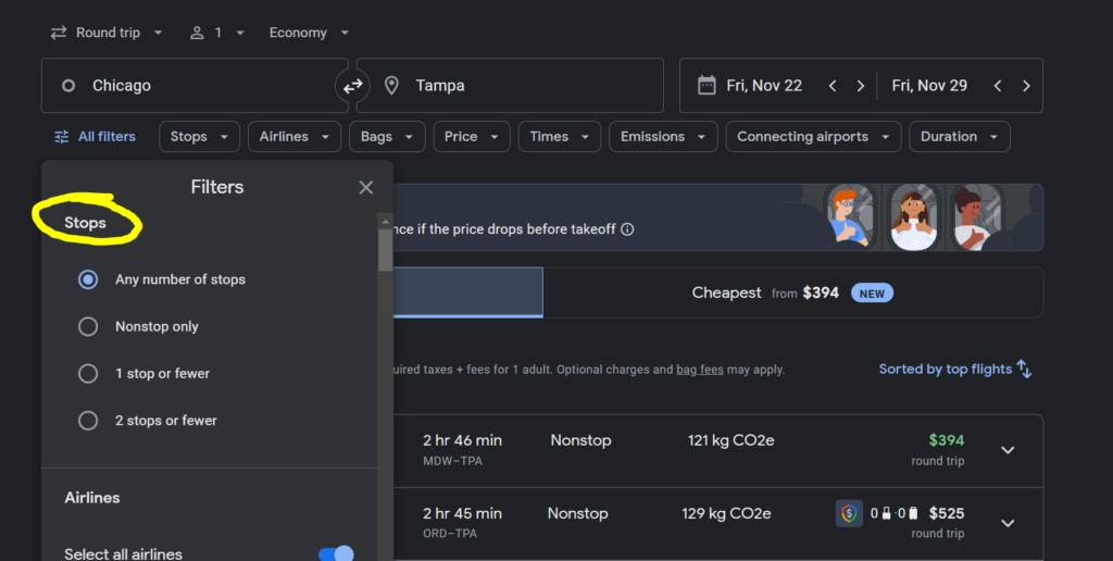 google flights stops filter screenshot