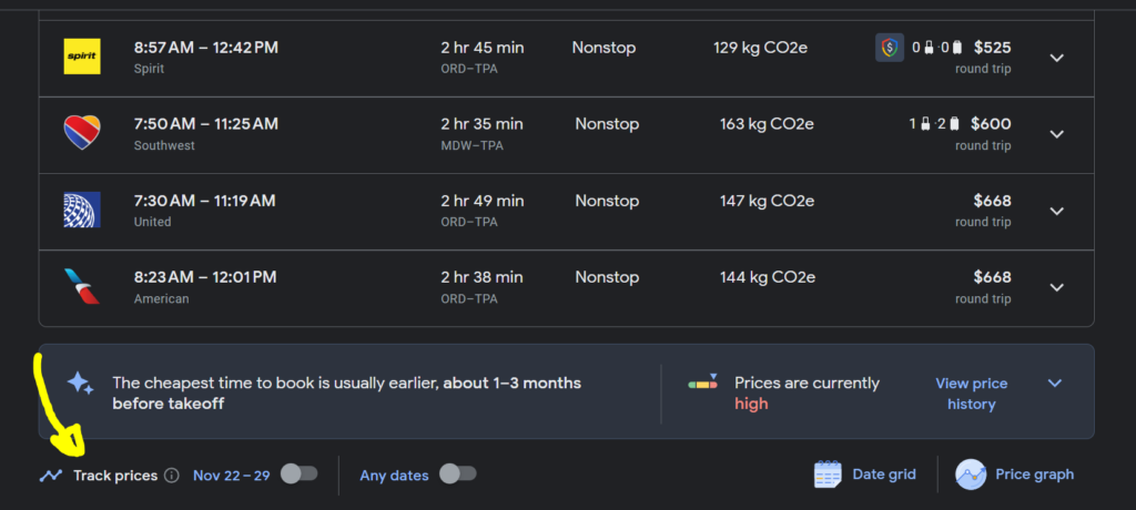 google flights price tracking screenshot