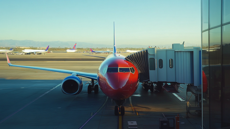 a commercial jet connected to the jet bridge