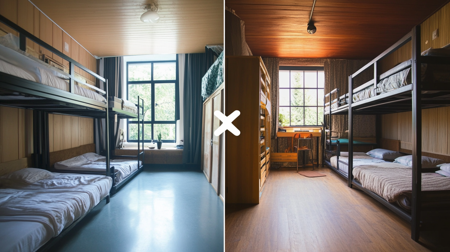 hostel vs airbnb - a split view of both