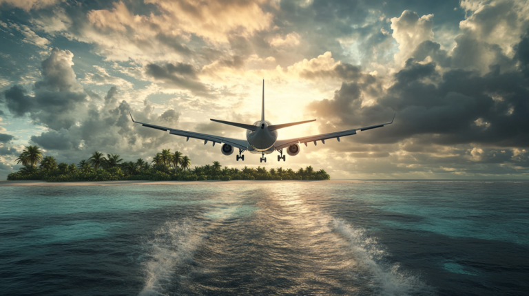 plane landing on an island