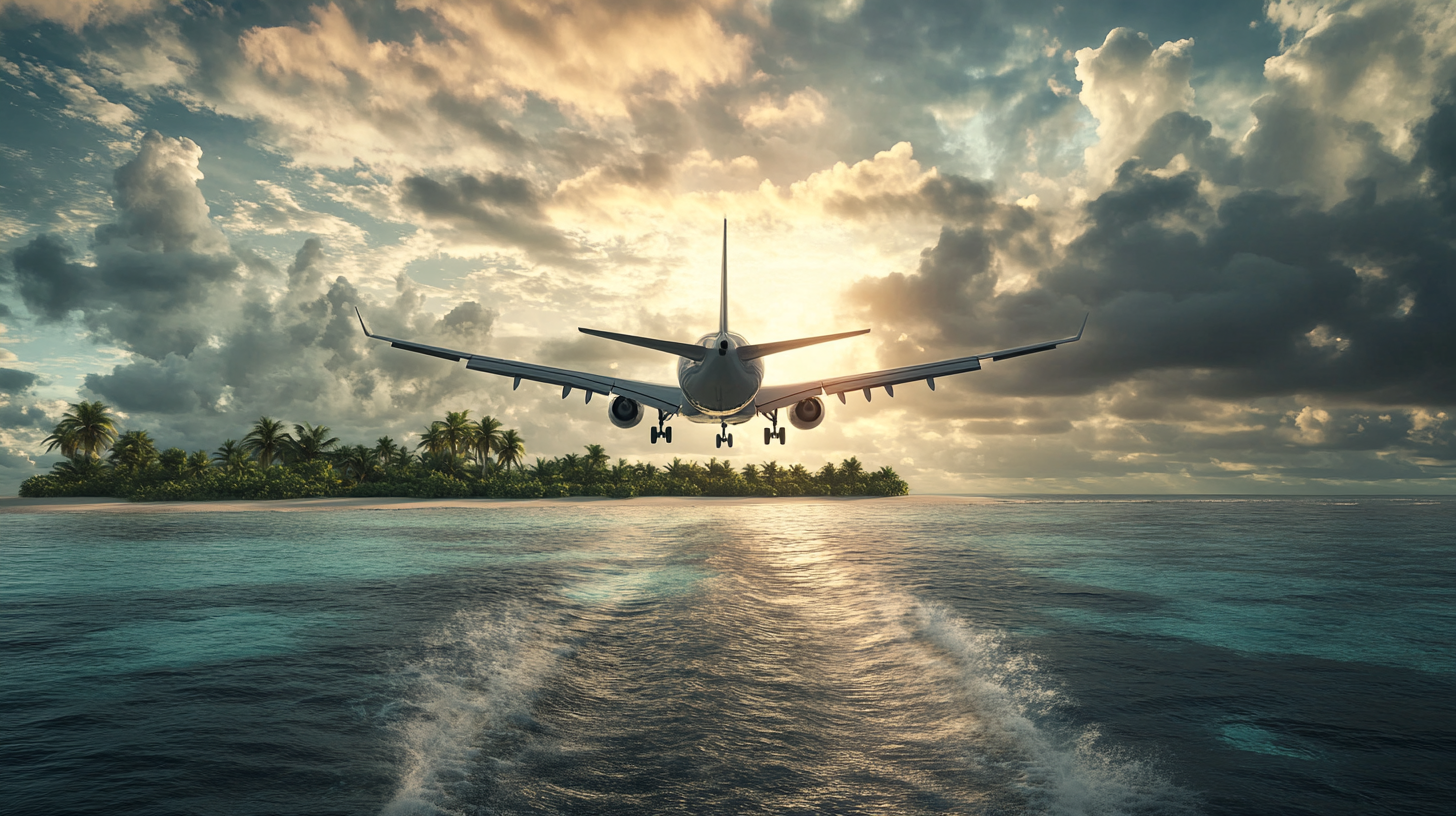 plane landing on an island