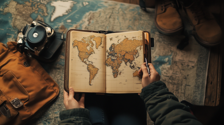 a book with a map of world in it on a table