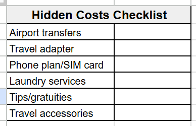 hidden costs checklist, part of the travel budget calculator