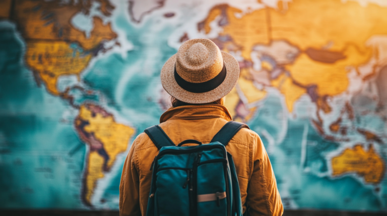 traveler examining a map of the world on the wall